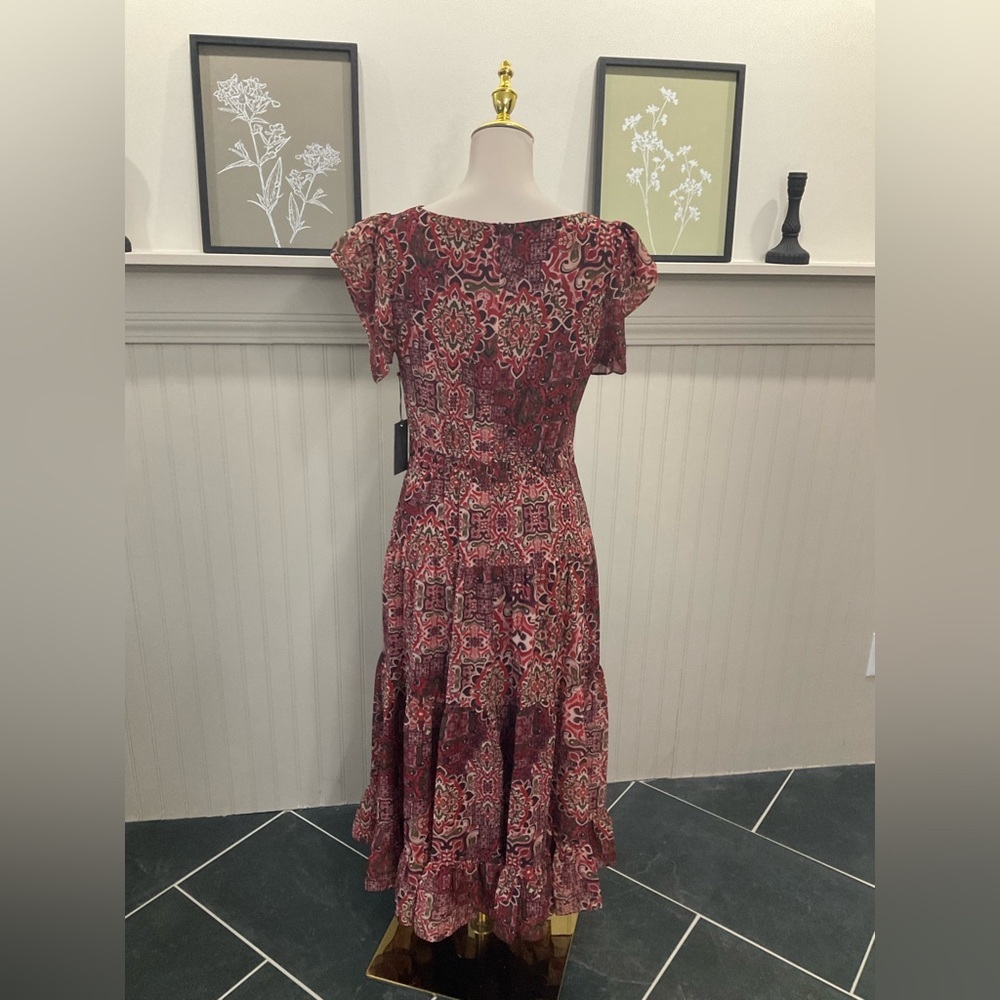 Vince Camuto Boho Print Midi Dress w/ Pockets Semi-Sheer Sleeves – Size 8 NWT - Picture 3 of 5